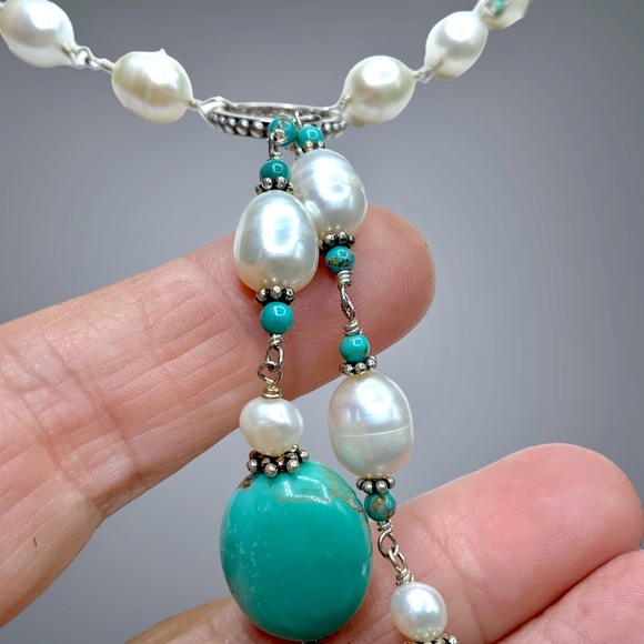 🌺Gorgeous Sterling, Genuine Pearl & Turquoise Necklace - Picture 6 of 14